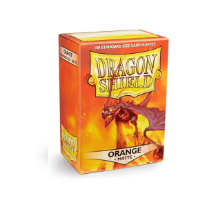 Dragon Shield Matte Card Sleeves - Orange - A vibrant pack of card sleeves with clear fronts and fiery orange backs, displayed in a sturdy cardboard box with a personalized label on top.