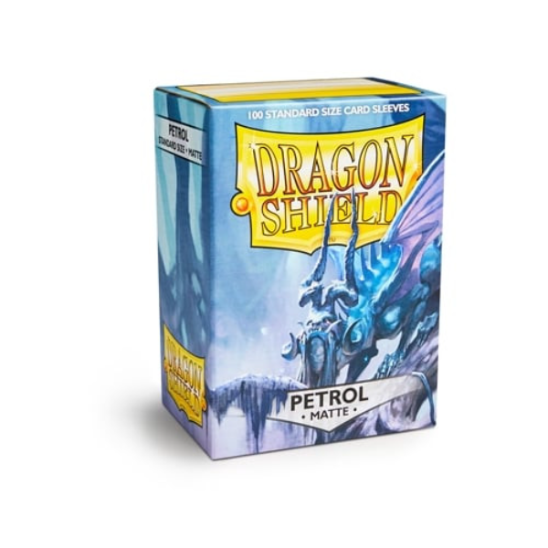 Dragon Shield Matte Card Sleeves - Matte Petrol - A pack of card sleeves with a smooth matte petrol color, displayed in a sturdy cardboard box with a personalized label on top