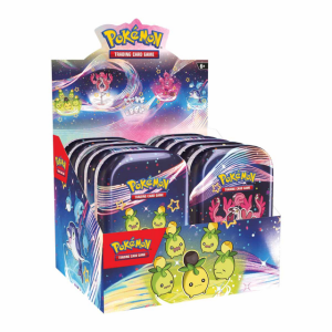 Pokémon Favorites in the Palm of Your Hand! In this Pokémon TCG Scarlet & Violet-Paldean Fates Mini Tin, you'll find • 2 Pokémon TCG Scarlet & Violet-Paldean Fates booster packs • 1 sticker sheet • A Pokémon art card showing the art from this Mini Tin-you can collect and combine all 5!