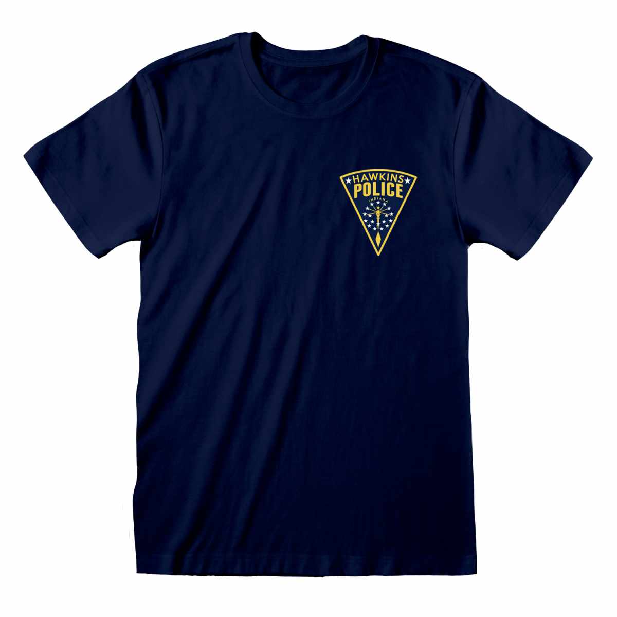 STR02785TSC StrangerThings HawkinsPoliceBadge UnisexNavyTee Front