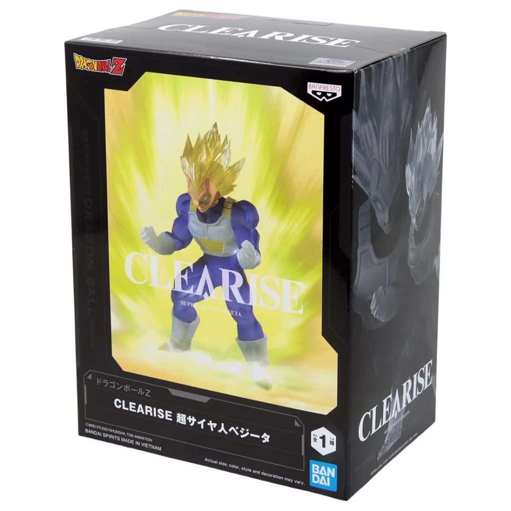 The Banpresto Dragon Ball Z Super Saiyan Vegeta Clearise Figure features stunning translucent effects, premium sculpting, and dynamic detailing that bring the Saiyan Prince to life. This high-quality collectible showcases Vegeta in his Super Saiyan form, making it a must-have for Dragon Ball fans and collectors.