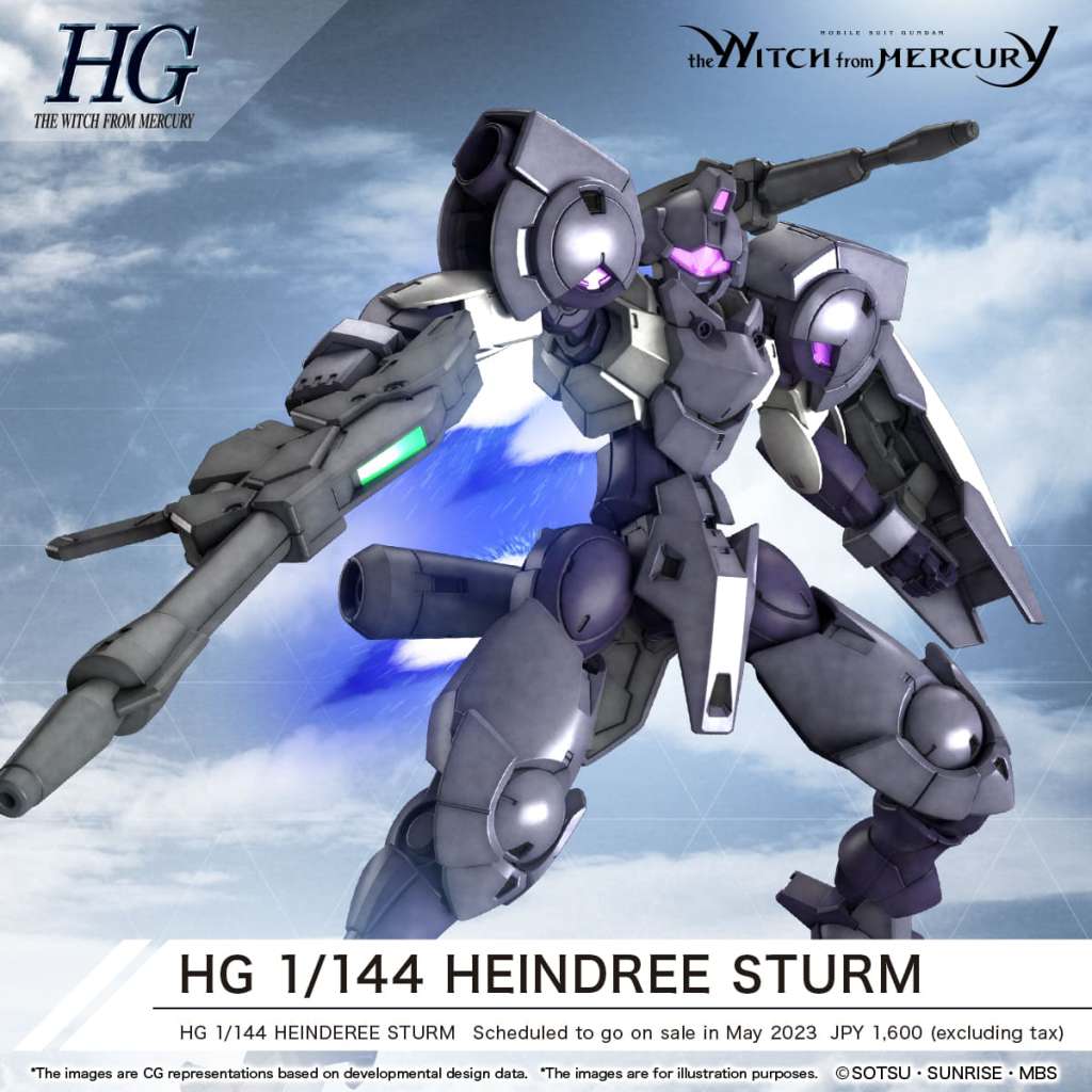 The HG 1/144 Heindree Sturm from Gundam: The Witch from Mercury features a sleek design, articulated joints, and unique back-mounted weaponry. A standout grunt suit perfect for any modern Gunpla collection.