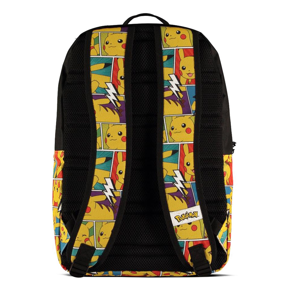 Back view of Pokémon Pikachu comic strip backpack with padded straps