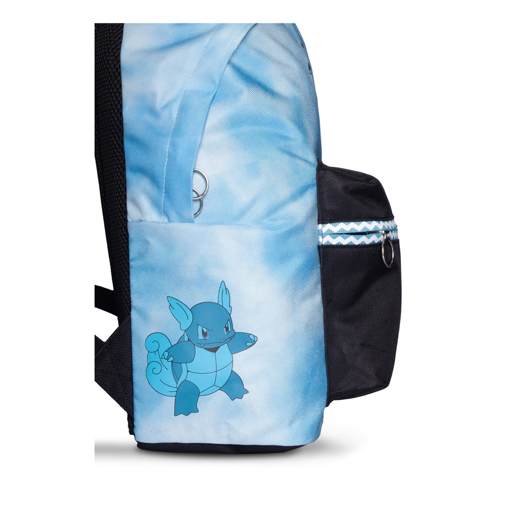 Side view of blue Pokémon Squirtle backpack with Squirtle artwork
