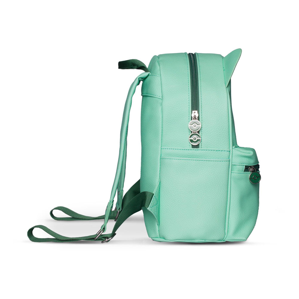 Side view of official Pokémon Bulbasaur green novelty mini backpack